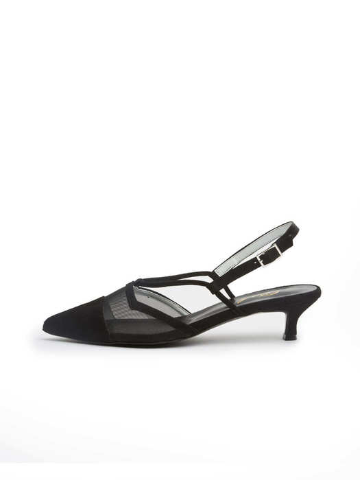 black pointed toe see-through suede sling back
