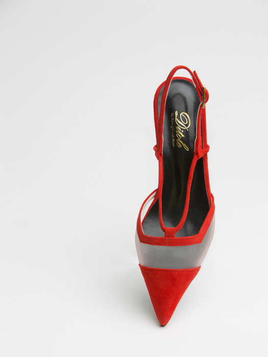 Red pointed toe see-through suede sling back